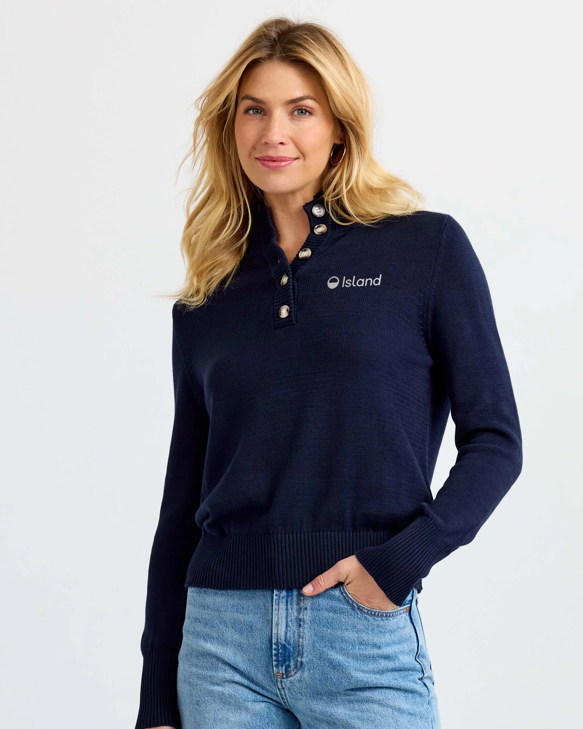 Women's Pura Cashmere Cotton Henley Pullover - Navy