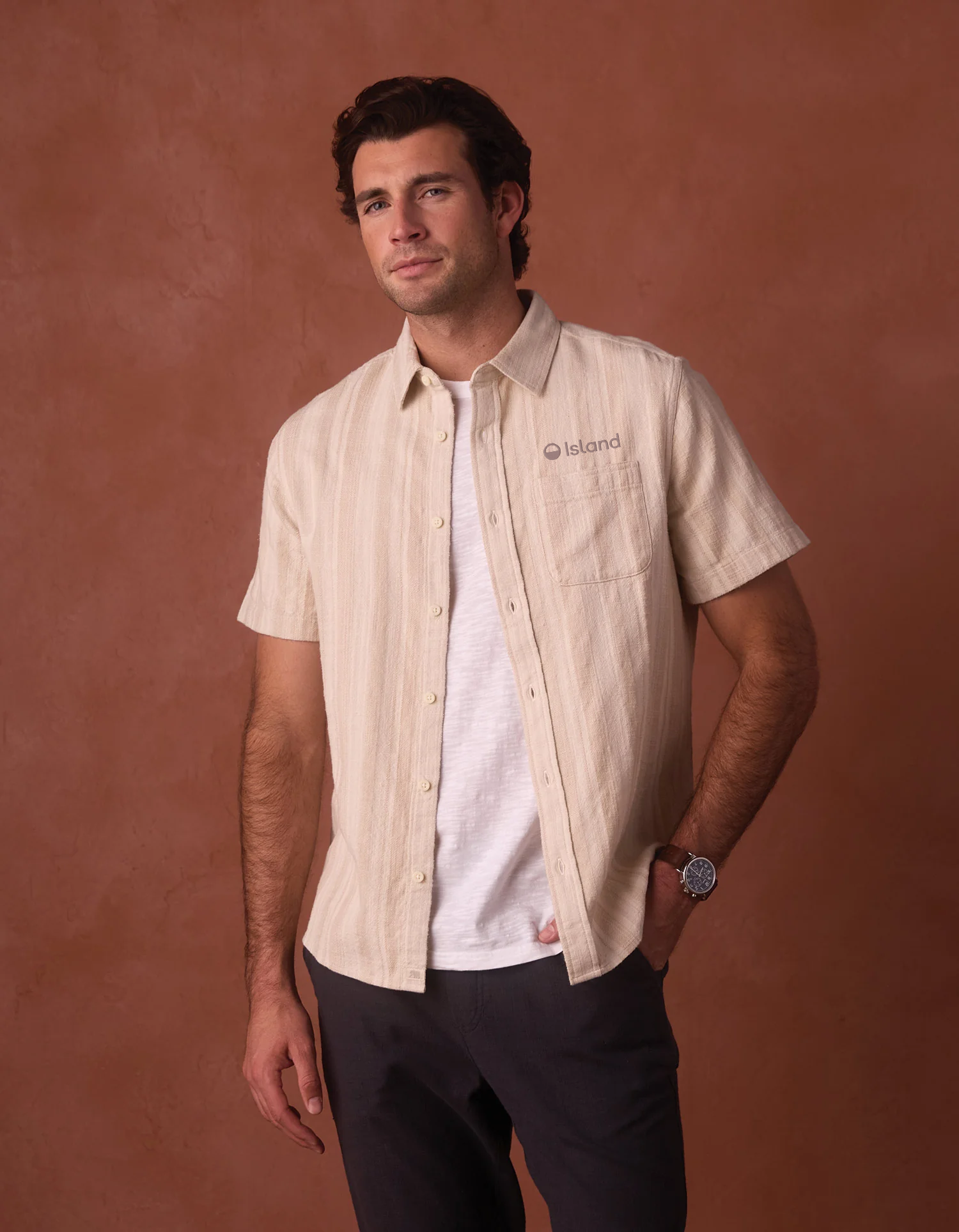 Men's The Normal Brand Freshwater Short Sleeve Button Up Shirt - Sandstone Stripe